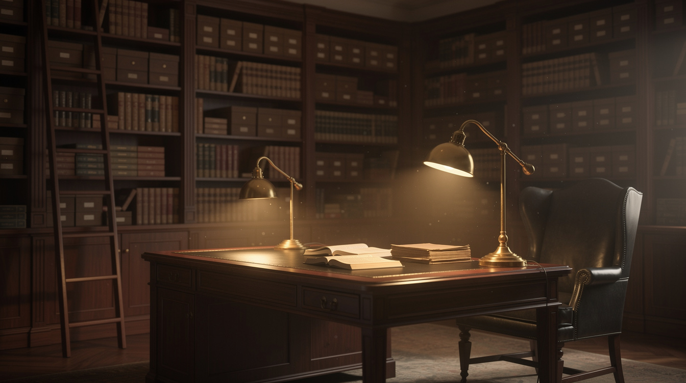 Elegant private library with bookshelves and warm lighting