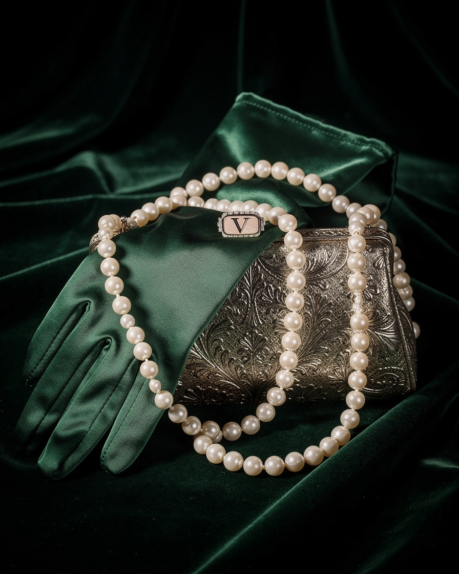 Elegant vintage jewelry and accessories arranged on velvet fabric