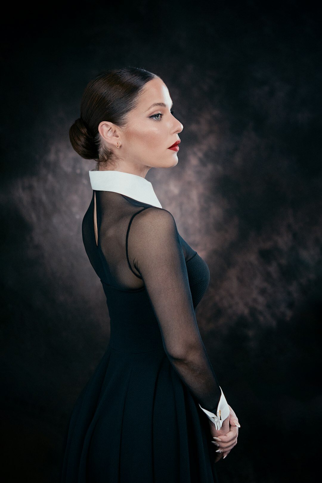 Studio portrait of an elegant Argentine actress with soft lighting